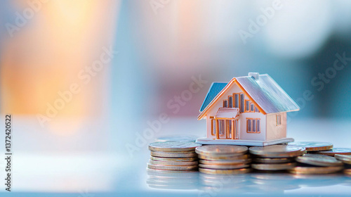 Real Estate Investment, House Model on Stacked Coins, Financial Stability, Home Loan and Mortgage, Property Wealth, Economic Growth, Market Trends, Banking and Business Finance, Stock Photo