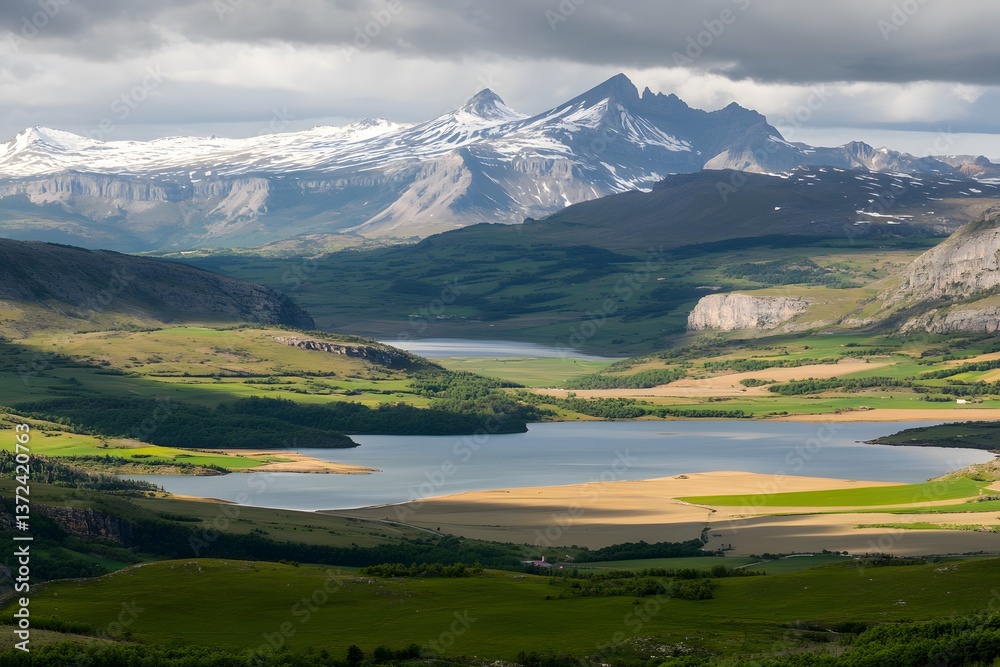 Fototapeta premium Mountain lake view, sunlight, green valley, peaks. Serene landscape