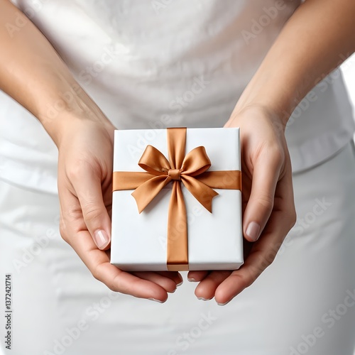 Woman's Hands Holding a Gift Box with a Copper Bow