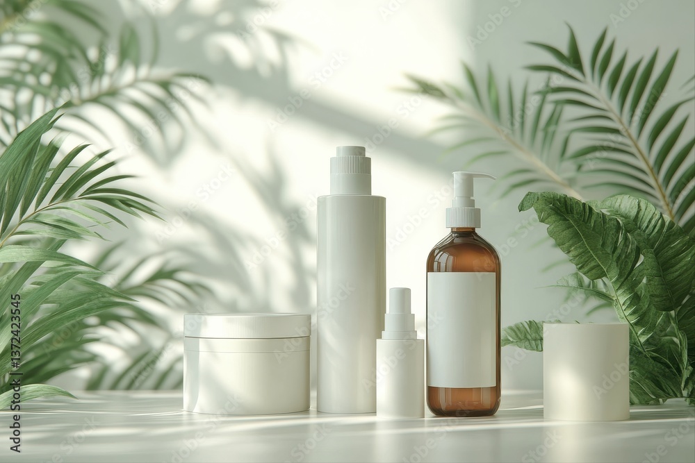 Skincare Collection and Eco-Friendly Style. A modern arrangement of white skincare bottles with leafy decor. Skincare Collection and Eco-Friendly Style. A modern arrangement of white skincare bottles with leafy decor.