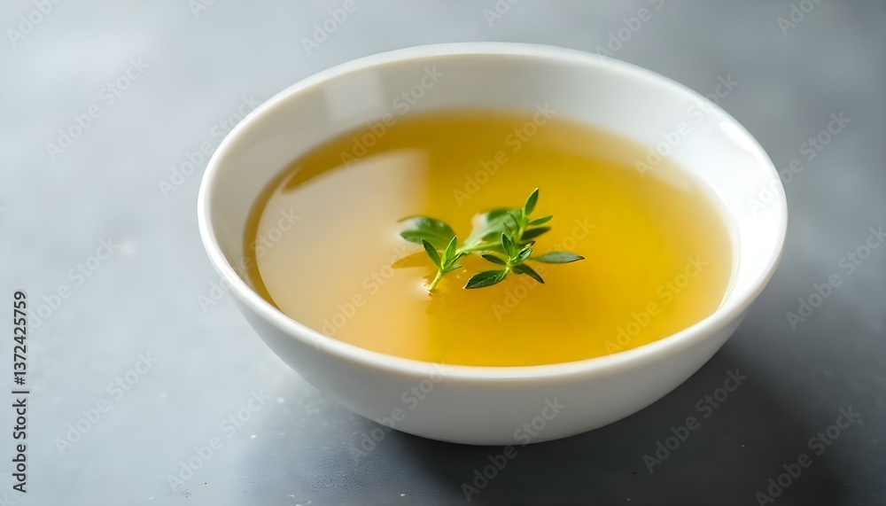A close-up shot features a white bowl filled with a clear, golden broth, garnished with a few sprigs of fresh herbs floating on the surface A close-up shot features a white bowl filled with a clear, golden broth, garnished with a few sprigs of fresh herbs floating on the surface