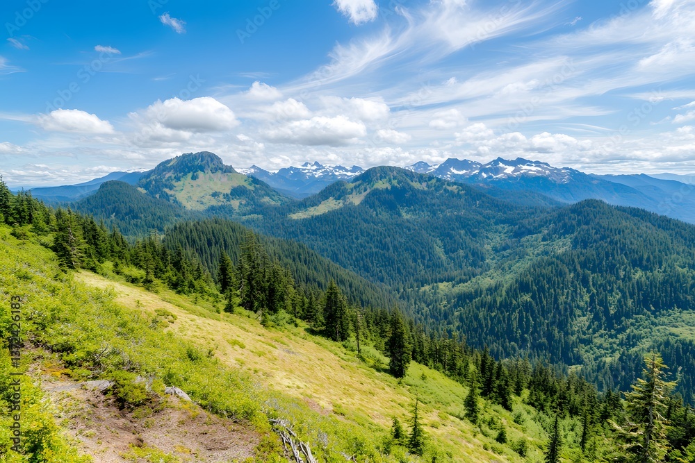 Fototapeta premium Mountain peaks and forest under a blue sky with wispy clouds