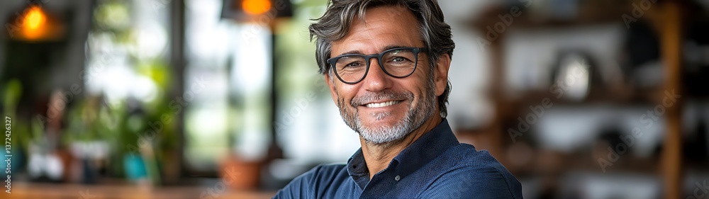 Obraz premium Smiling Man in Cafe Interior