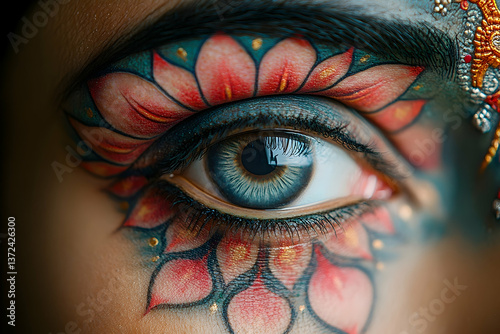 Close up view of artistic eye with flower makeup