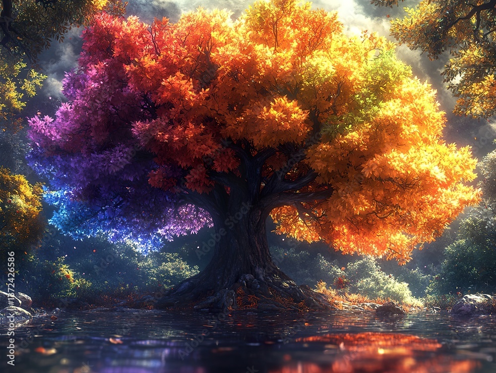 An enchanted oak with leaves that constantly shift colors, reflecting the emotions of the magical forest surrounding it. An enchanted oak with leaves that constantly shift colors, reflecting the emotions of the magical forest surrounding it.