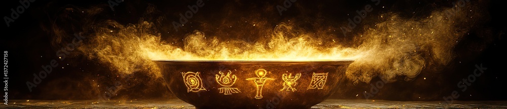 Fototapeta premium An enchanted bronze cup filled with golden mist, its vapor forming ancient symbols that glow softly.