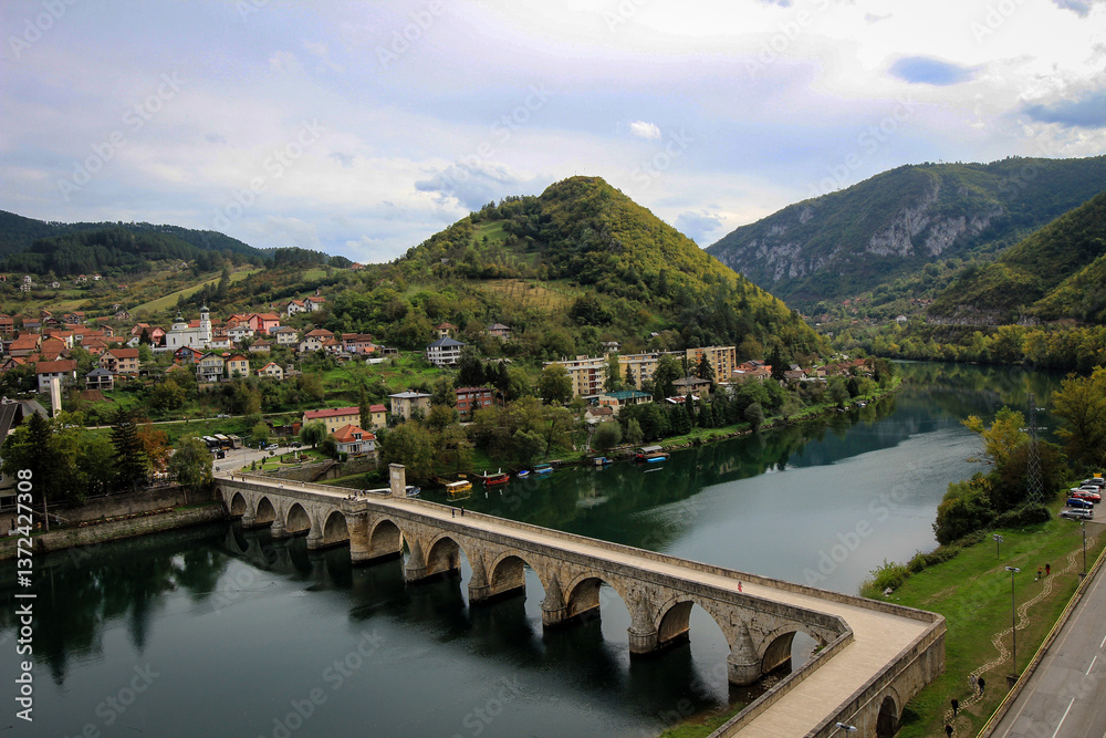Mehmed Pasa Bridge in Visegrad aerial view, Bosnia and Herzegovina Mehmed Pasa Bridge in Visegrad aerial view, Bosnia and Herzegovina