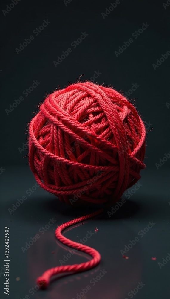 Red yarn sphere partially unwound, single strand trailing , unwound, bright, string Red yarn sphere partially unwound, single strand trailing , unwound, bright, string