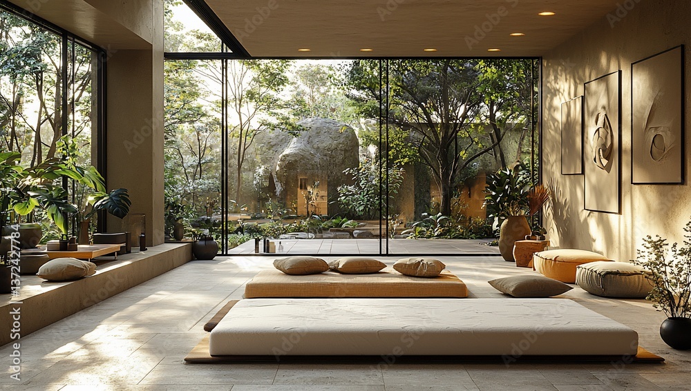Fototapeta premium Tranquil modern zen space with garden views