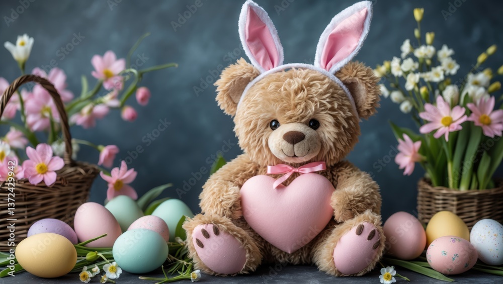 Fototapeta premium Cute teddy bear wearing bunny ears holding a heart surrounded by pastel Easter eggs and flowers