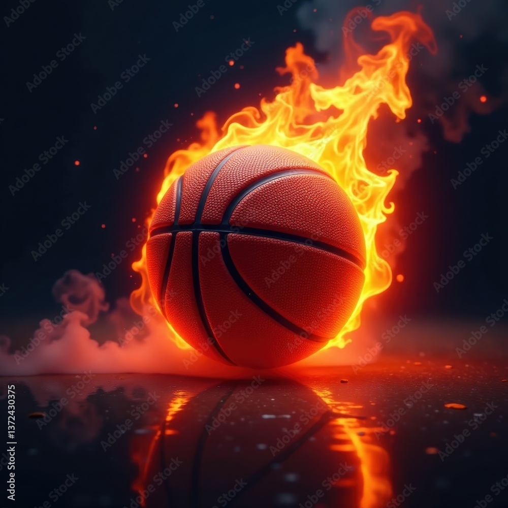 Fototapeta premium Flaming basketball, charred surface, smoke trails, burning, sport