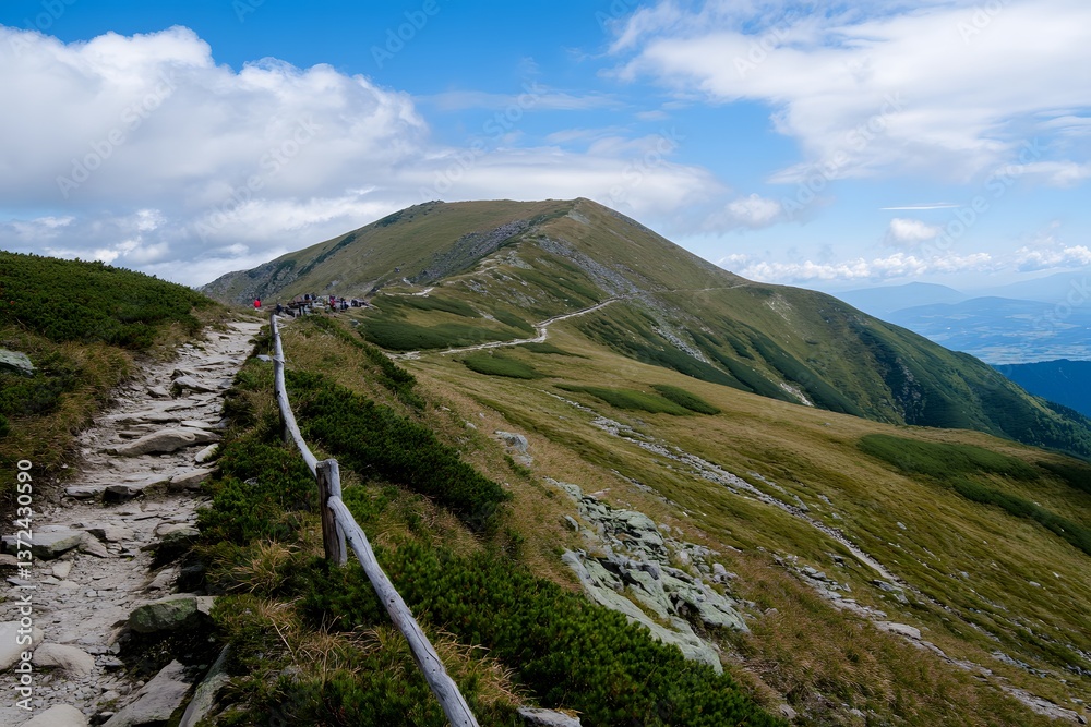 Fototapeta premium Mountain trail leads to summit. Green slopes meet cloudy sky
