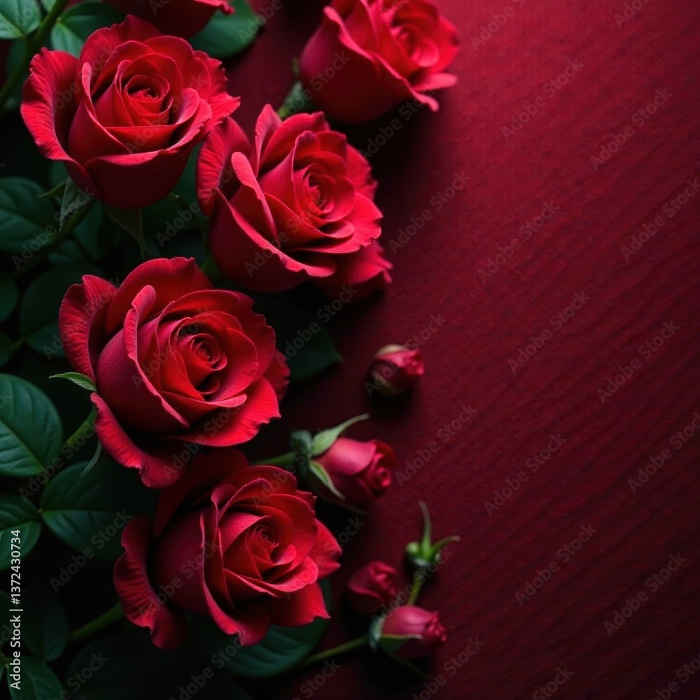 Obraz premium Crimson roses cascade across a rich velvet backdrop , flowers, festive, backdrop