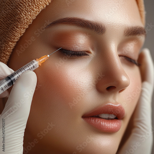 Close-Up of Syringe Injection for Beauty, Aesthetic Dermatology, Botox and Fillers, Anti-Aging Facial Treatment, Skin Enhancement, Wrinkle Reduction, Medical Cosmetology, Professional Skincare, Stock 