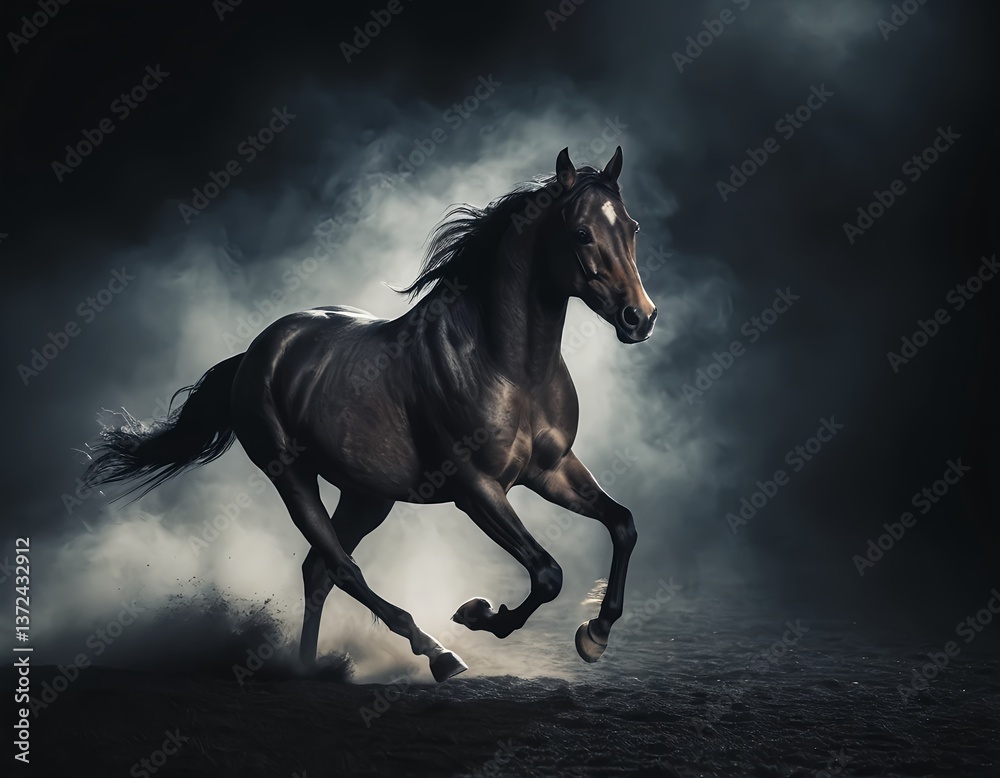 Majestic Black Stallion Running in Dramatic Lighting Majestic Black Stallion Running in Dramatic Lighting