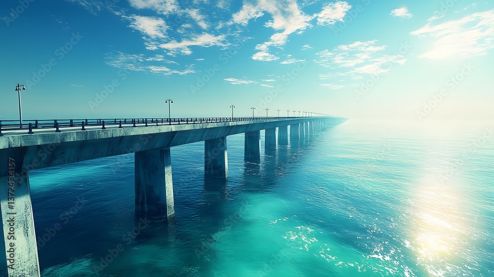 Obraz premium Majestic suspension bridge spans turquoise ocean waters, connecting distant shores with concrete pillars rising from the sea, illuminated by gentle sunlight under an expansive blue sky. 