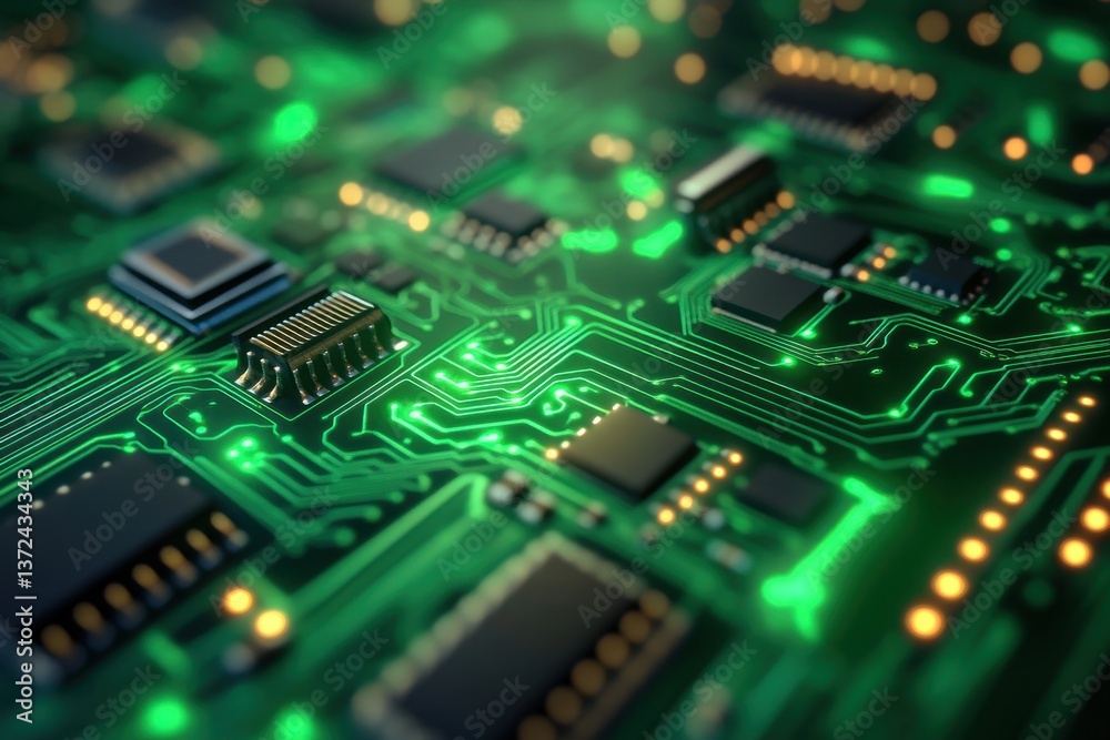 Green glowing circuit board with microchips and electronic components. Use to show technology, future, data, artificial intelligence or innovation. Green glowing circuit board with microchips and electronic components. Use to show technology, future, data, artificial intelligence or innovation.