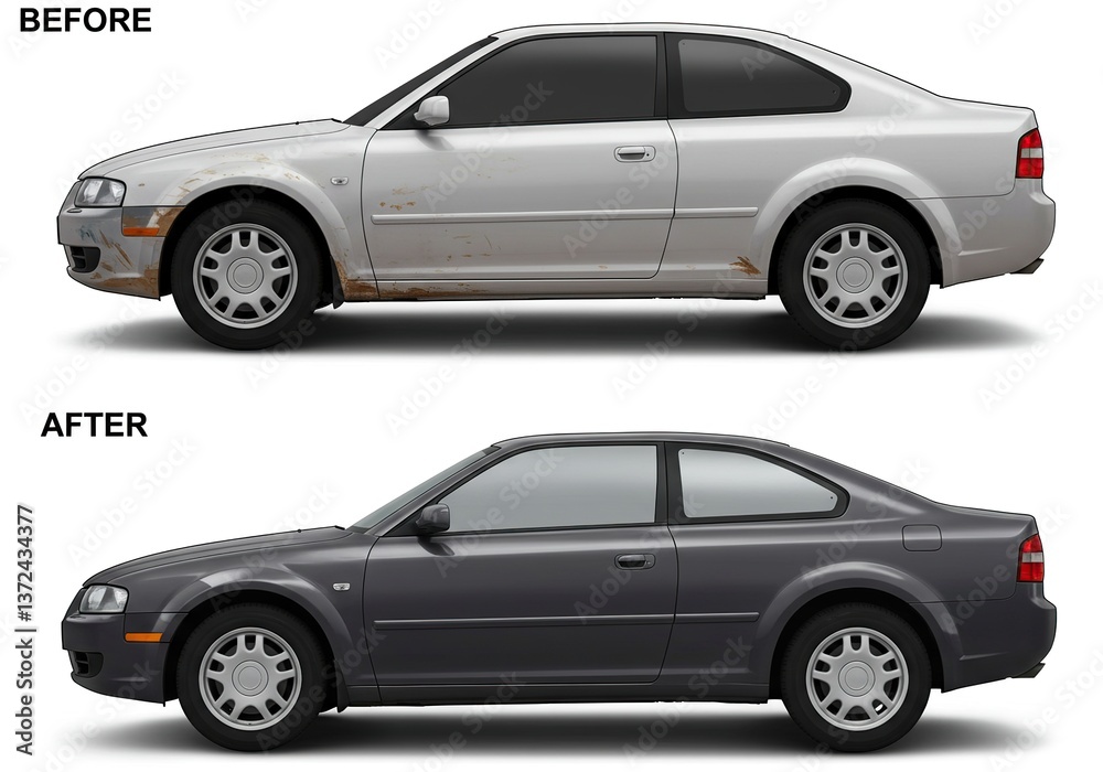 Fototapeta premium Car Repair Before and After: Damaged Silver Vehicle Transformed to Repaired Grey Car.