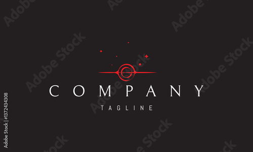 Vector red logo with an abstract image of a black hole against a background of stars.
