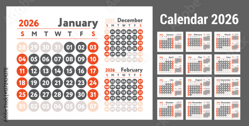 2026 calendar. New year planner design. English calender. Red color vector template. Week starts on Sunday. Business planning.