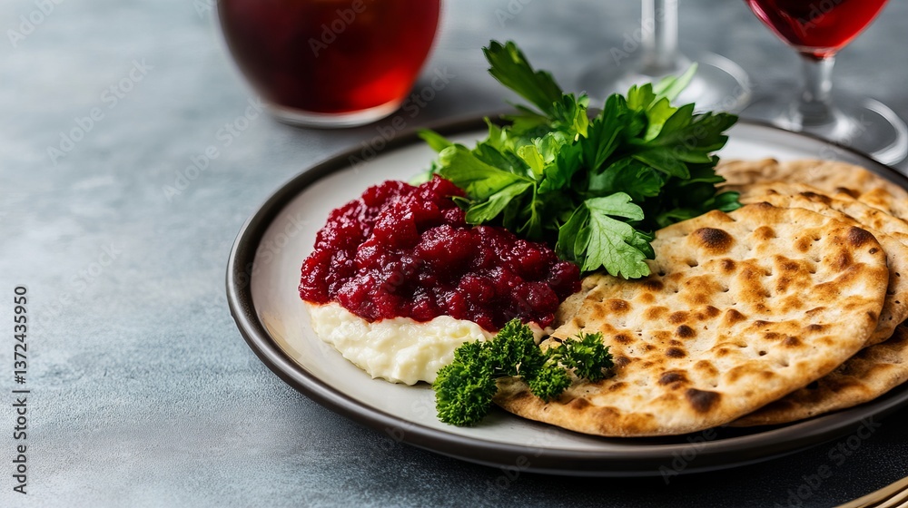 Matzah with charoset and parsley sits on a plate near glasses of red wine, showcasing Passover tradition.