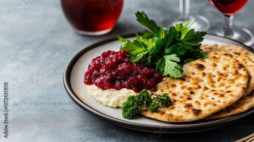 Obraz na płótnie Matzah with charoset and parsley sits on a plate near glasses of red wine, showcasing Passover tradition. w salonie