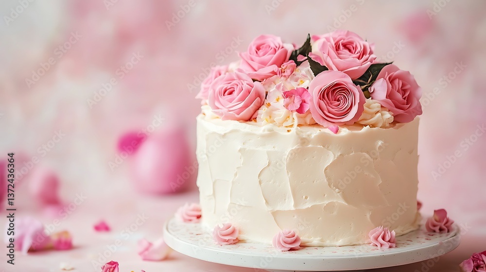Sweet white butter cream round cake with pink rose flowers on top isolated on clourful background Sweet white butter cream round cake with pink rose flowers on top isolated on clourful background