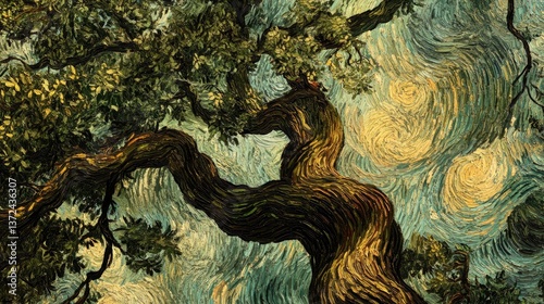 A painted image shows a large tree reaching towards the sky
