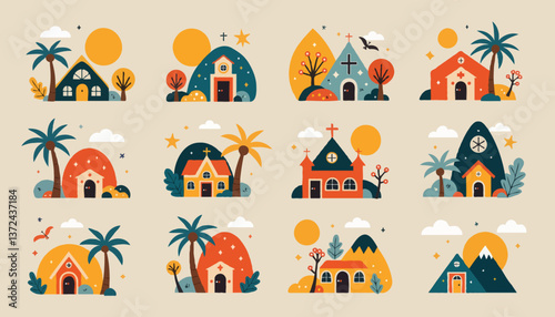 Colorful flat illustrations of hot spring resorts in various styles  