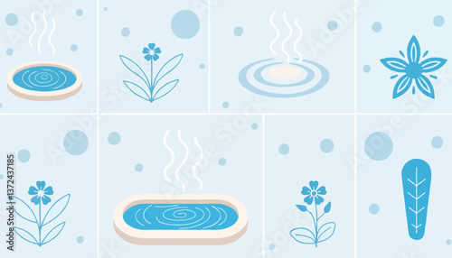 Hot spring resorts illustrated with flowers and leaves in blue tones  