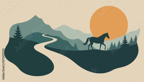 Horse trekking vacations silhouette of a horse in nature at sunset  