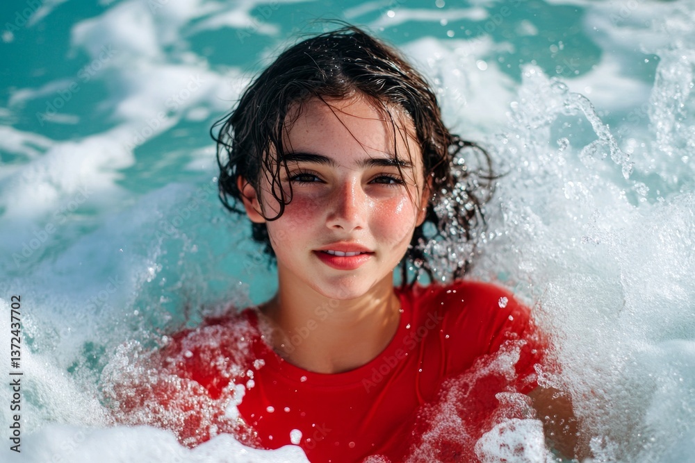 Fototapeta premium Stunning and hot happy brazilian young woman in red tight t-shirt enjoying turquoise sea, splashes around her. Bright Ñommercial style. Happy stress-free holiday getaway concept art.