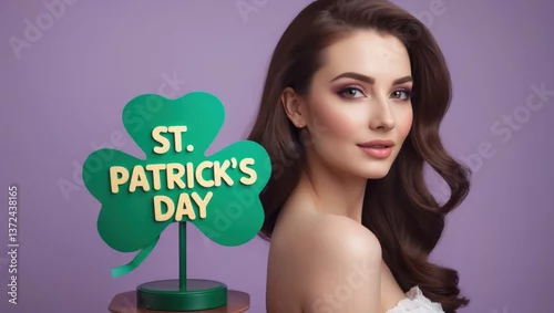 Fototapeta A woman with long, flowing hair poses confidently against a purple backdrop with a festive St. Patrick's Day decoration. Her expression is serene