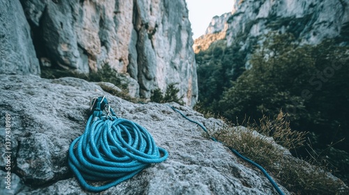 A secured belay station with climbing ropes neatly coiled, ready for the next ascent.
