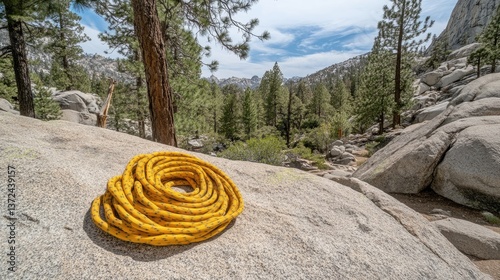 A secured belay station with climbing ropes neatly coiled, ready for the next ascent.
