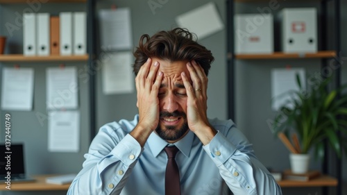 Frustrated Businessman in Office Grips Head, Showing Intense Stress and being overwhelmed. Work life balance.