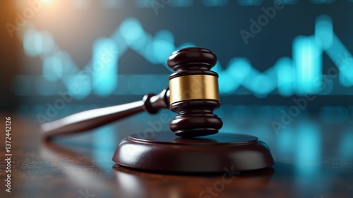 A dark wooden gavel rests on a sound block against a blurred blue financial graph background. Justice and the economy. Financial crime. White collar crime.