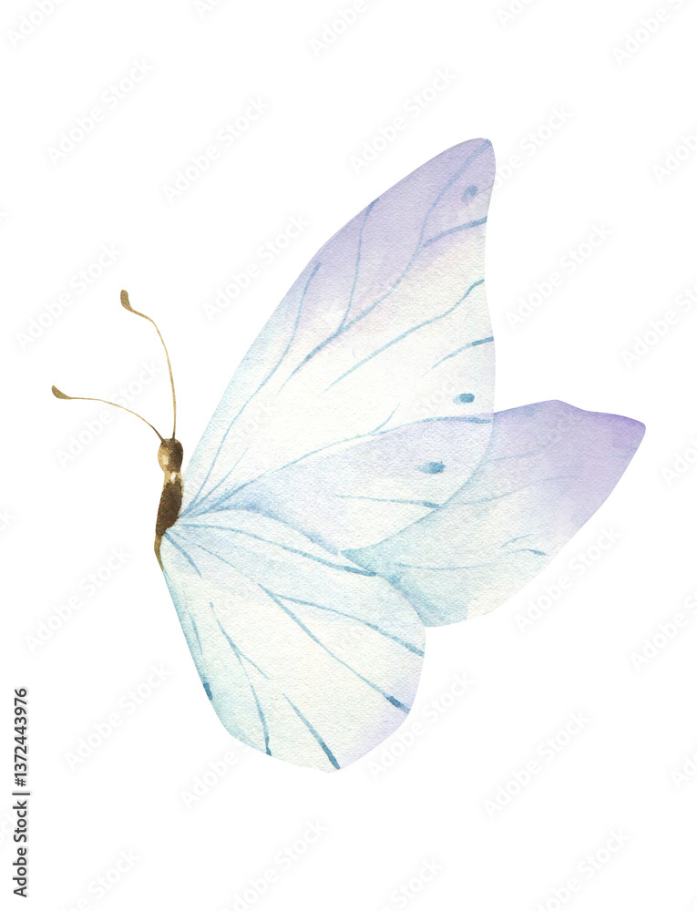 Obraz premium Watercolor Butterfly Illustration: Blue, Purple Transparent Wings, Delicate Insect Art for Design, Beautiful Butterfly with Gradient Wings