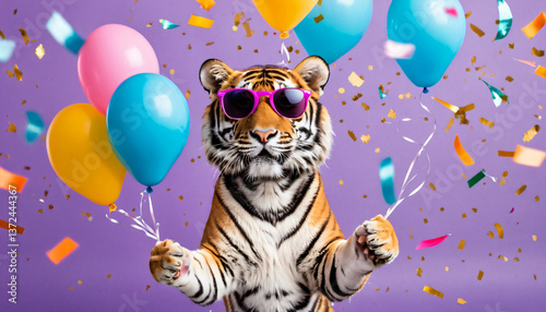 tiger wearing sunglasses holding happy birthday balloons and confetti explosion flying around on solid background (1)