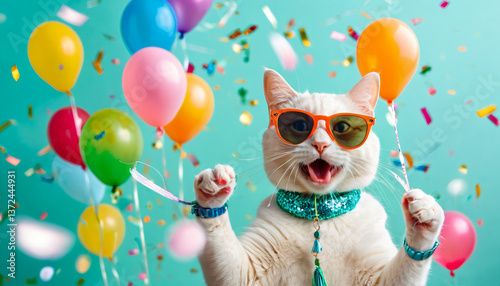 Wallpaper Mural white cat wearing sunglasses holding happy birthday balloons and confetti explosion flying around on solid background (4) Torontodigital.ca