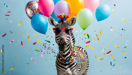 Wallpaper Mural zebra wearing sunglasses holding happy birthday balloons and confetti explosion flying around on solid background (3) Torontodigital.ca