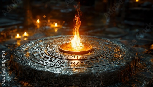 Ancient stone altar with burning flame