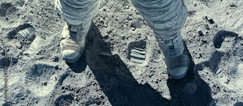 An astronaut stands on the lunar surface.
