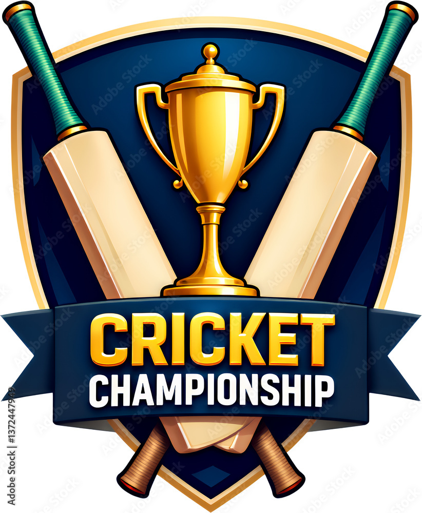 Cricket Championship Trophy & Bats Emblem, Transparent Background.