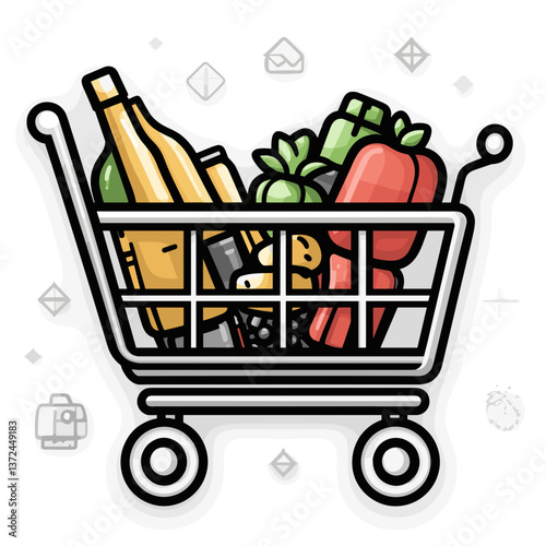 Grocery Cart Illustration with Bottles and Vegetables