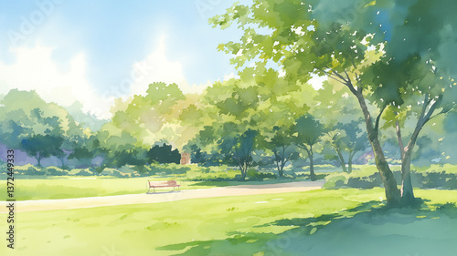 季節を感じる緑あふれる美しい都市公園の風景画背景素材