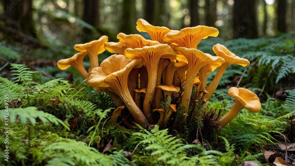 Cluster of Chanterelle Mushrooms Growing in Forest Undergrowth Cluster of Chanterelle Mushrooms Growing in Forest Undergrowth