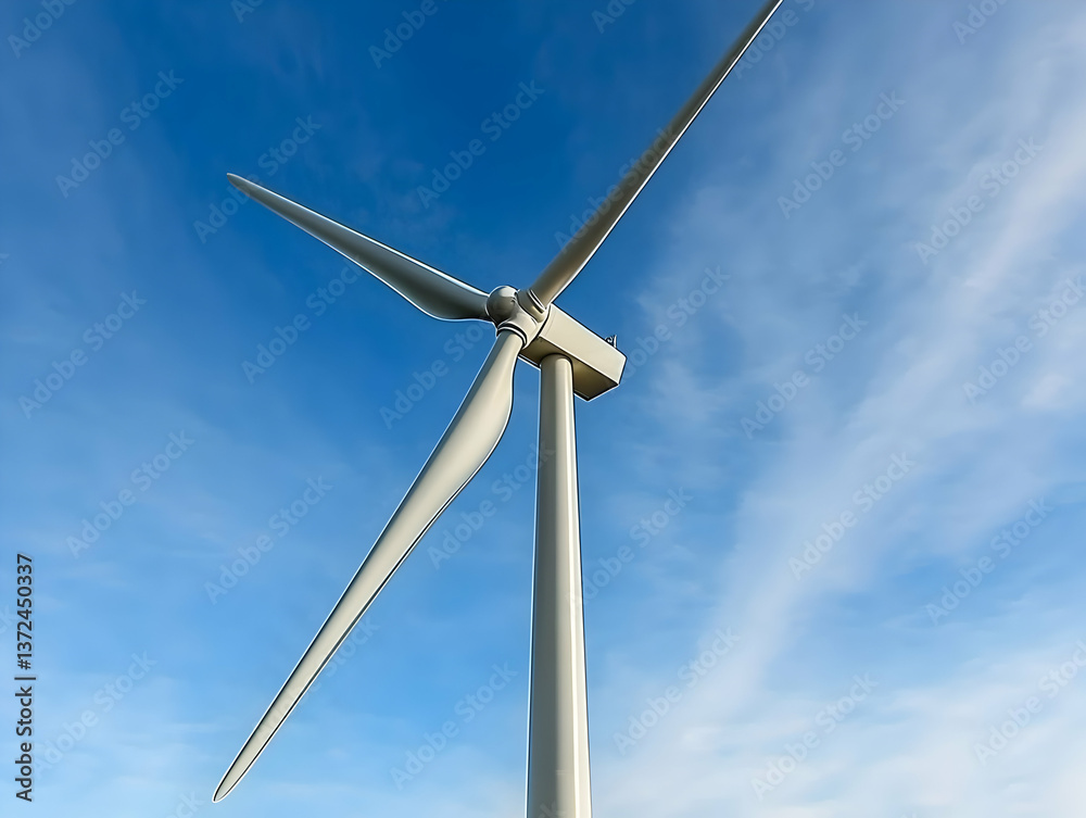 Wind turbine blades spinning under a blue sky Wind turbine blades spinning under a blue sky
