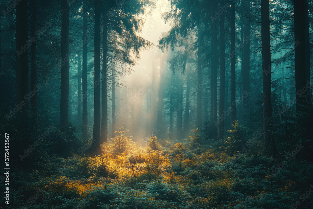 Fototapeta premium An ethereal forest bathed in mist and soft light creates a serene and magical atmosphere for nature lovers.