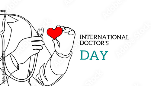 Vector banner of National Doctors Day. International holiday, congratulations. Characters of different nationalities.Postcard in flat design. Happy Doctor's Day. - Vector